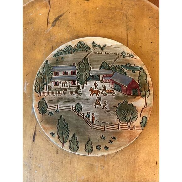 Vintage Pennsbury Pottery Amish Farm Barn Landscape Scene Trivet Wall Plaque 6" - Picture 1 of 3